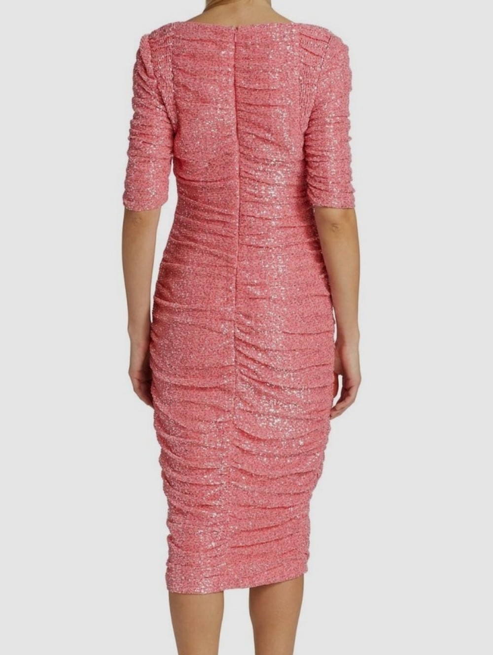 Badgley Mischka Light Pink Sequin Square Neck Ruched Cocktail Midi Dress 16 NWT - Picture 2 of 13